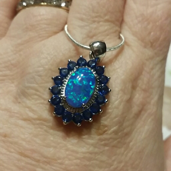 SOLD Created Blue Fire and Sapphire Halo Necklace - Picture 2 of 5